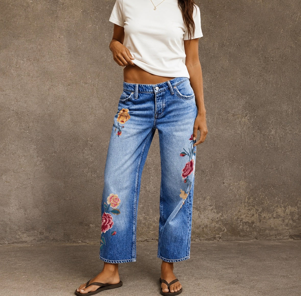 Vintage Washed Jeans With Floral Embroidery Design