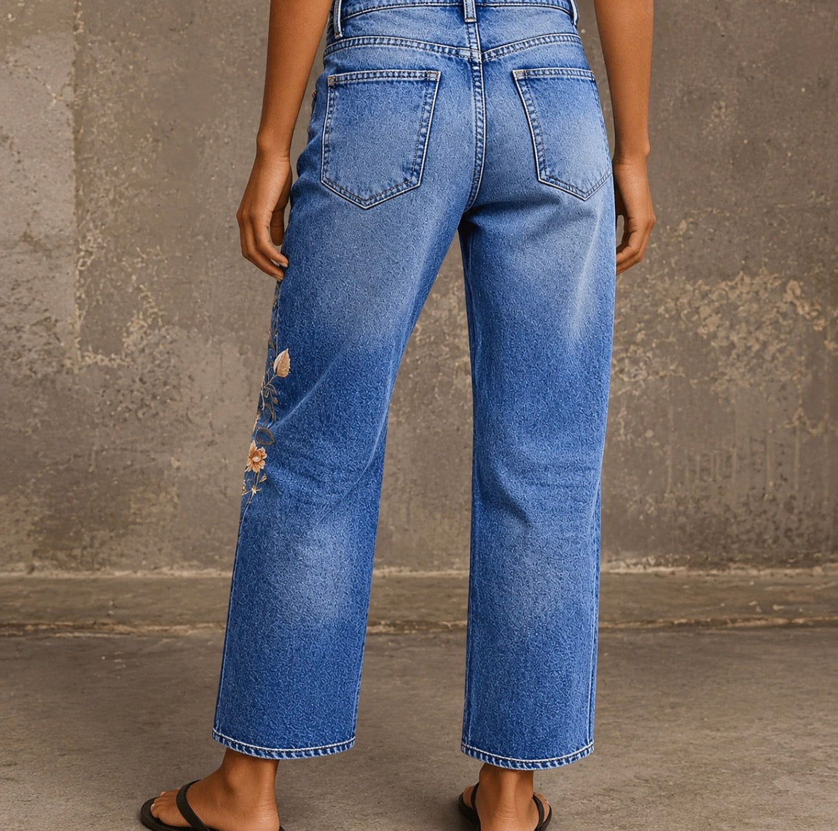 Vintage Washed Jeans With Floral Embroidery Design