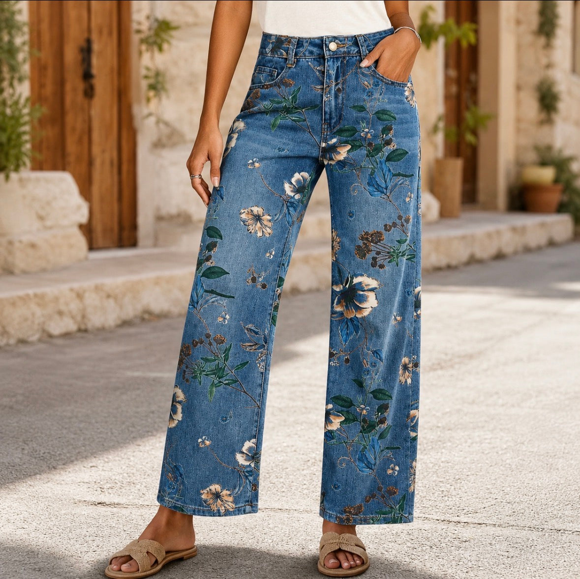 Floral Printed Wide Leg Jeans