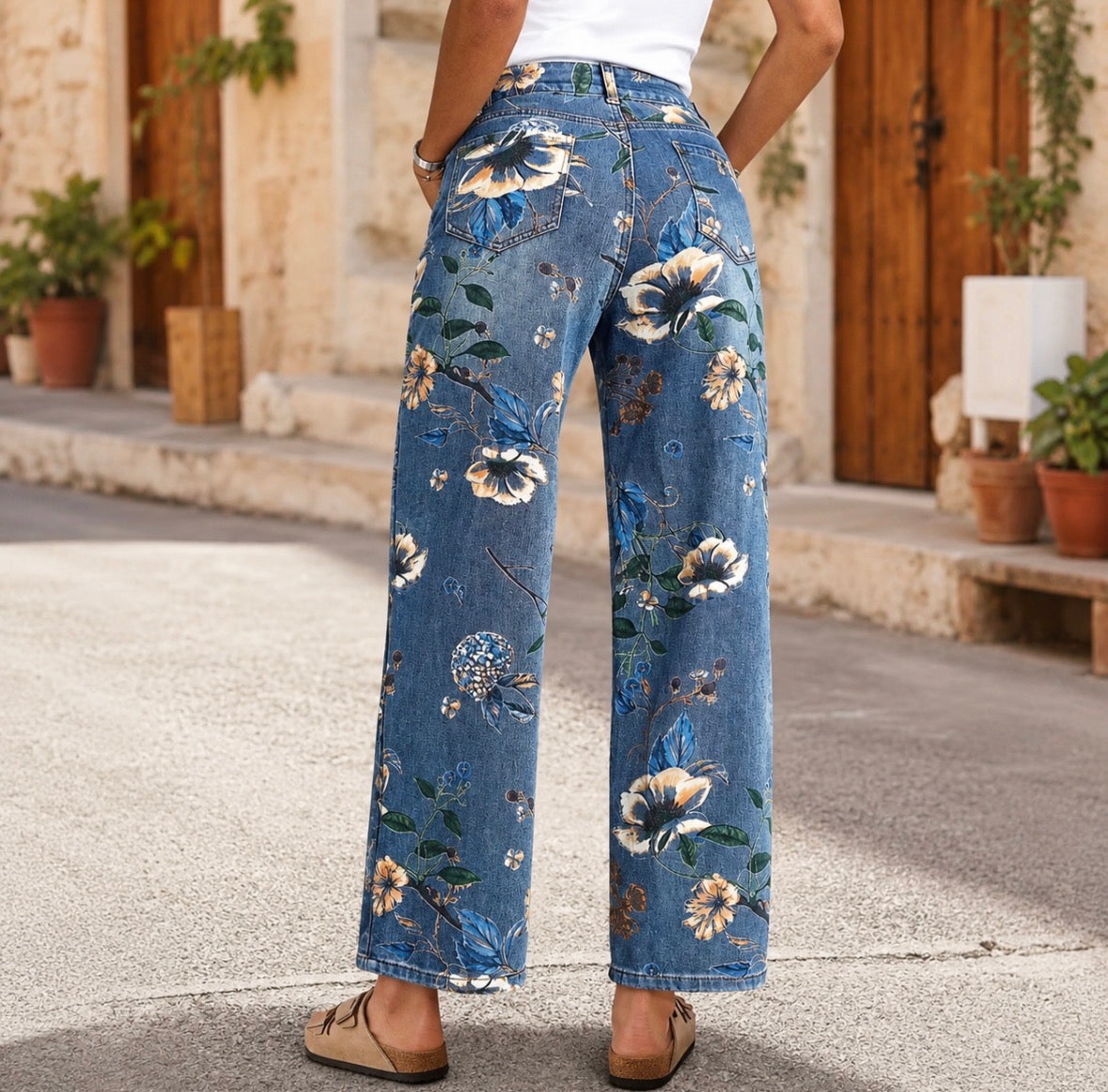 Floral Printed Wide Leg Jeans
