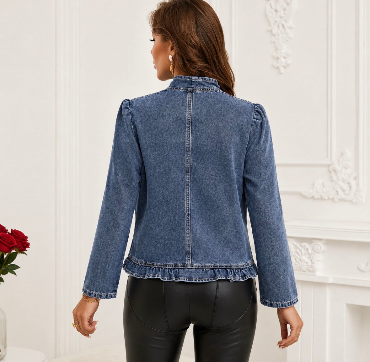 Lightly Distressed Short Blue Denim Jacket with A Ruffled Placket