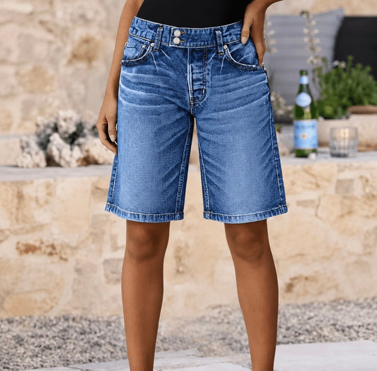 Vintage Style Double Button Waistband with Distressed Accents Bermuda Shorts