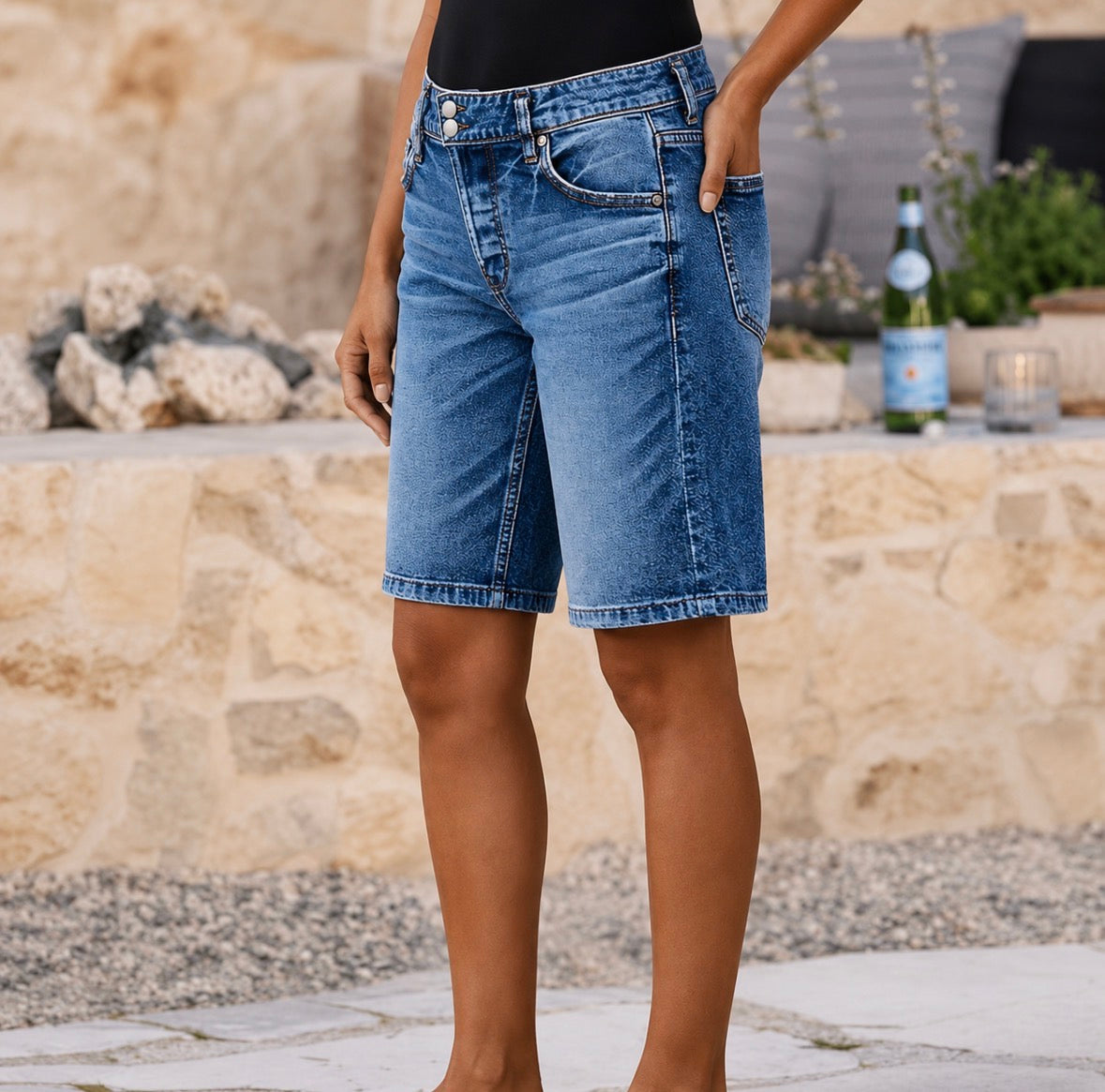 Vintage Style Double Button Waistband with Distressed Accents Bermuda Shorts