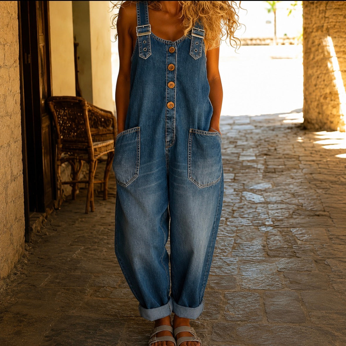 Wide Leg Overalls with Front Button Closure and Round Neck