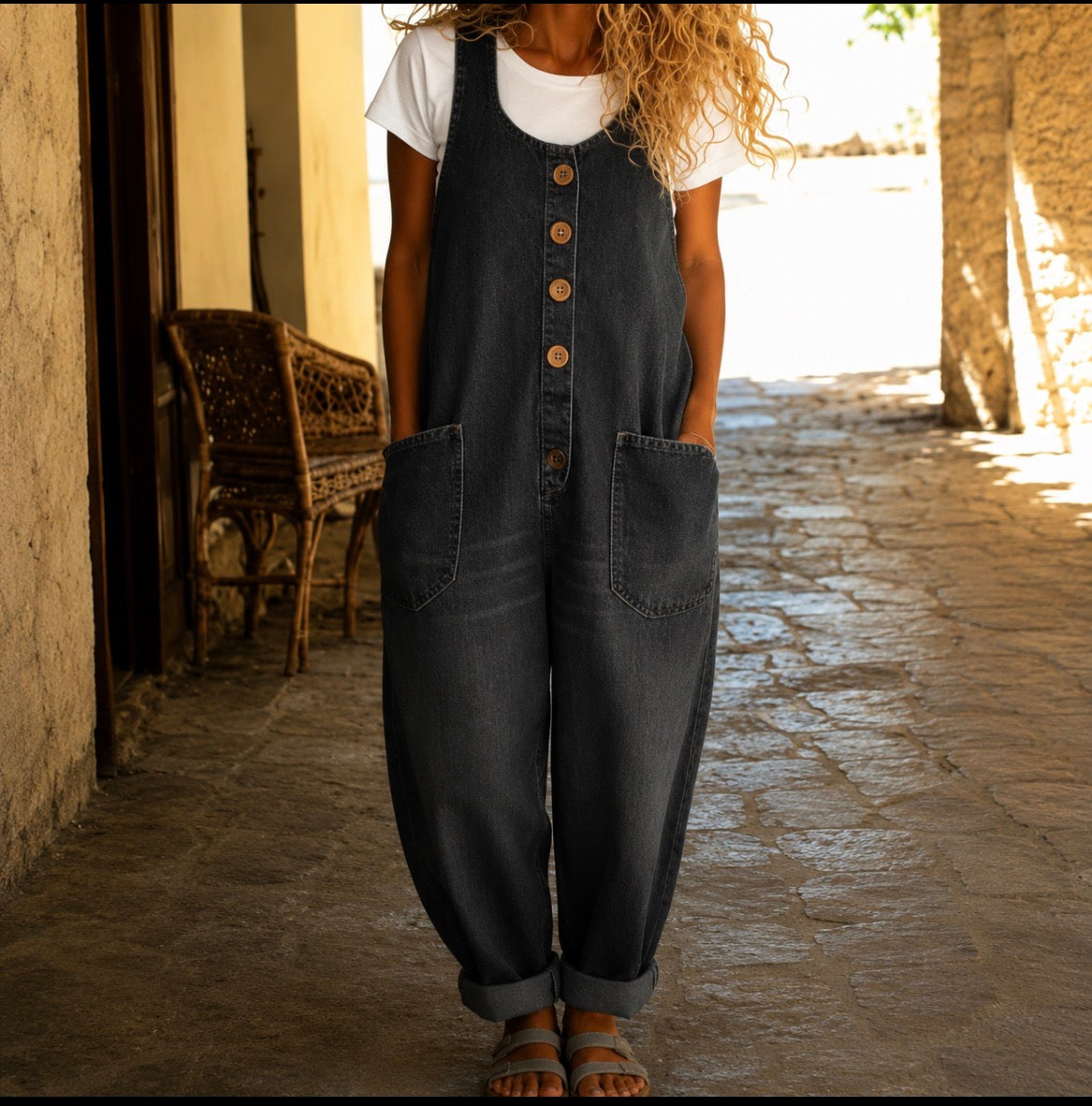 Wide Leg Overalls with Front Button Closure and Round Neck