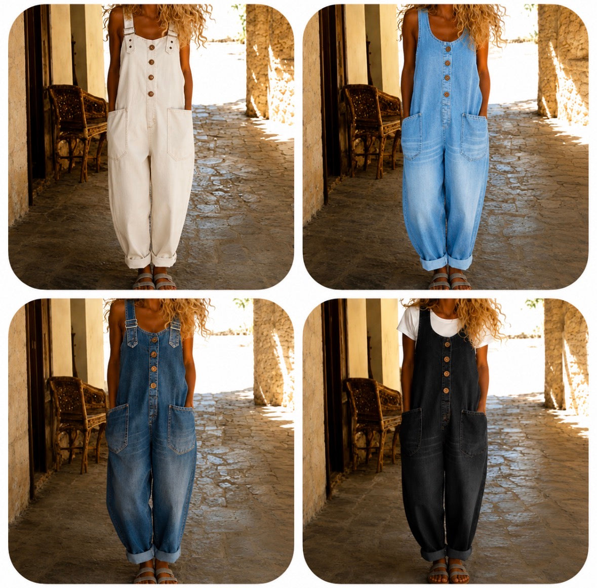 Wide Leg Overalls with Front Button Closure and Round Neck