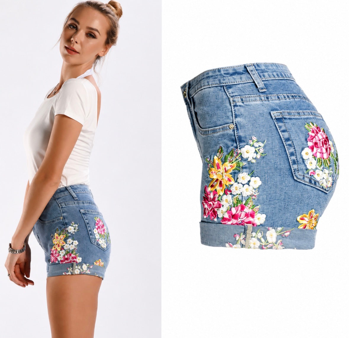 Plus-Size High-Waisted Wide-Leg Stretchy Denim Shorts with 3D Heavy Embroidery of Flowers