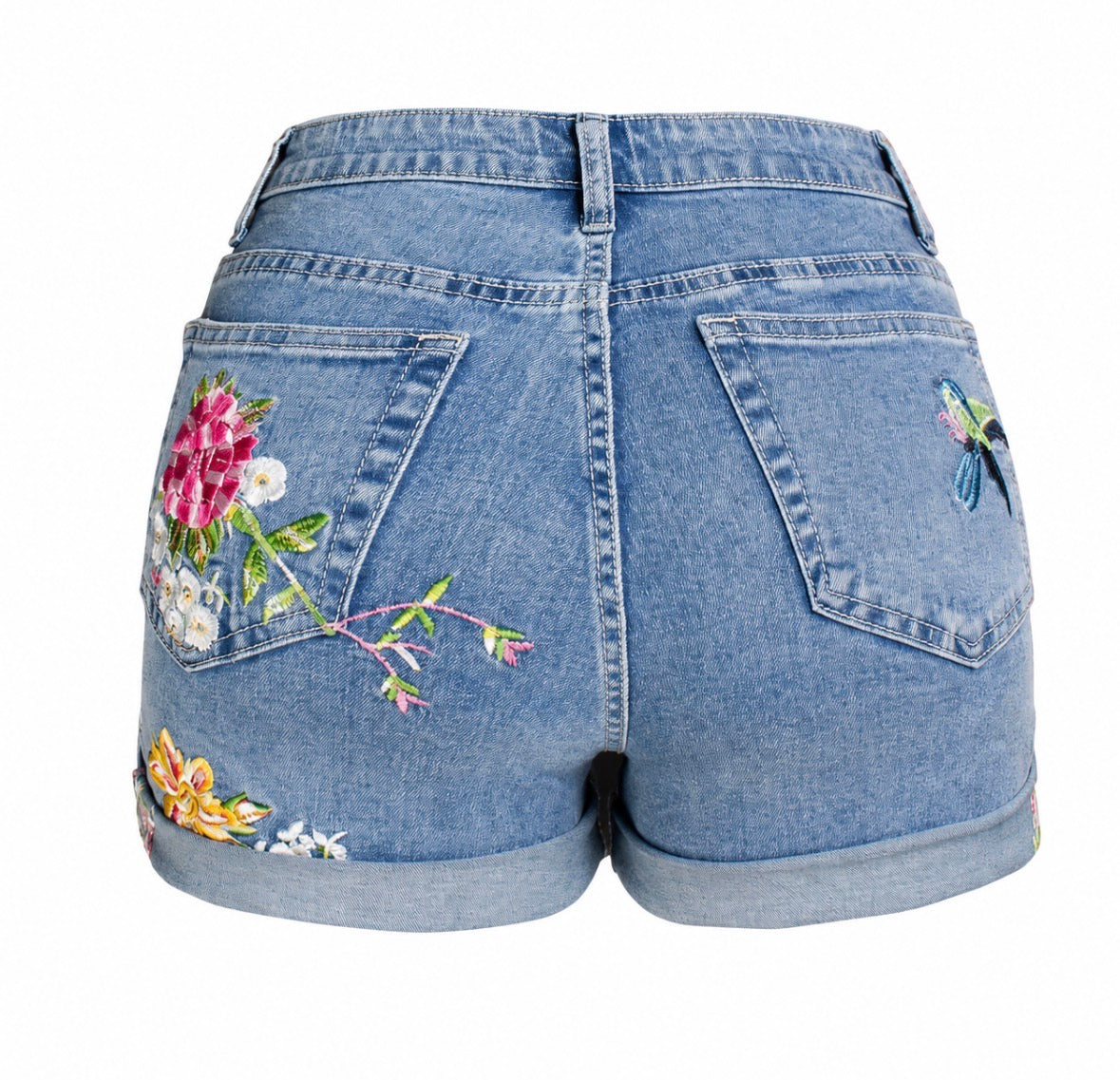 Plus-Size High-Waisted Wide-Leg Stretchy Denim Shorts with 3D Heavy Embroidery of Flowers