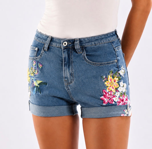 Plus-Size High-Waisted Wide-Leg Stretchy Denim Shorts with 3D Heavy Embroidery of Flowers