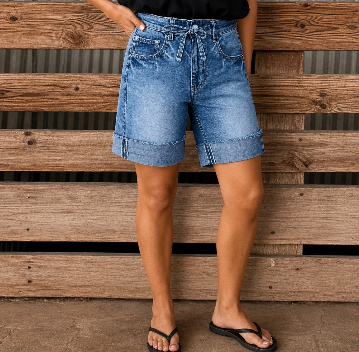 Retro Denim Bermuda Shorts with Drawstring