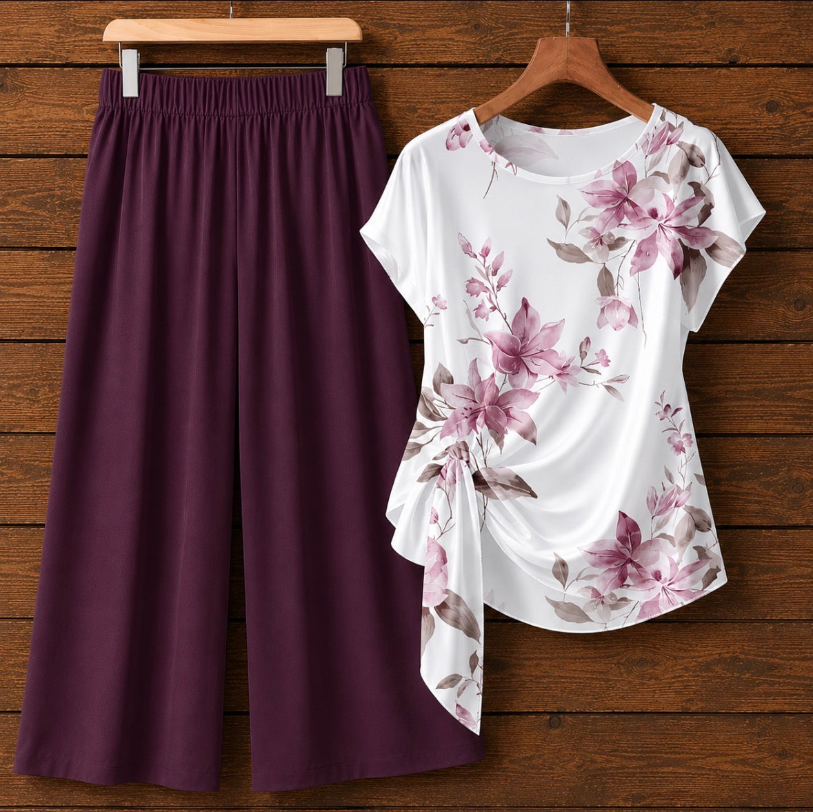 2-piece Bow Tie Floral Top and Solid Color Pants