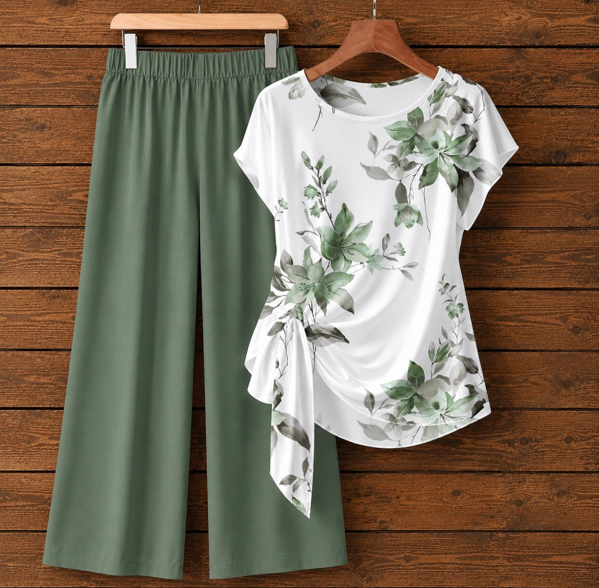 2-piece Bow Tie Floral Top and Solid Color Pants