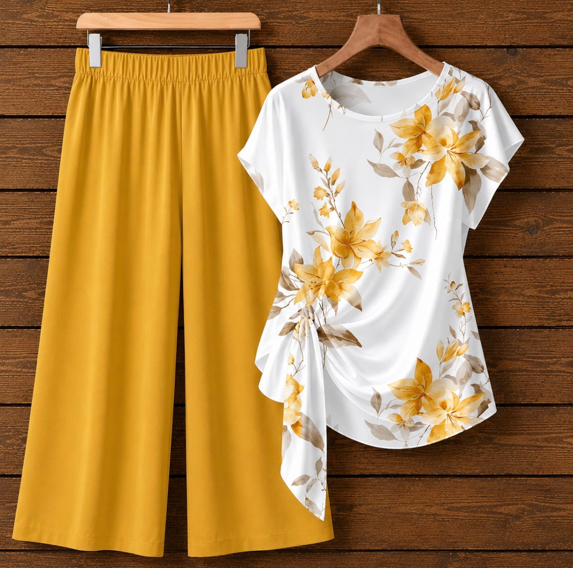 2-piece Bow Tie Floral Top and Solid Color Pants