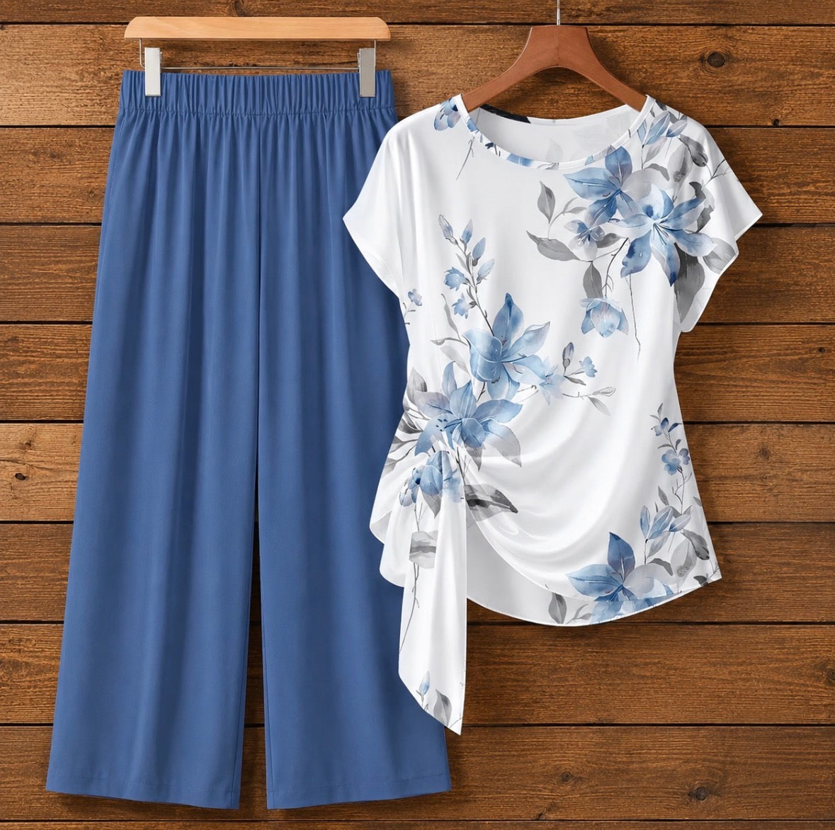 2-piece Bow Tie Floral Top and Solid Color Pants