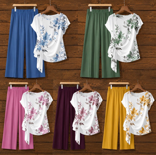 2-piece Bow Tie Floral Top and Solid Color Pants
