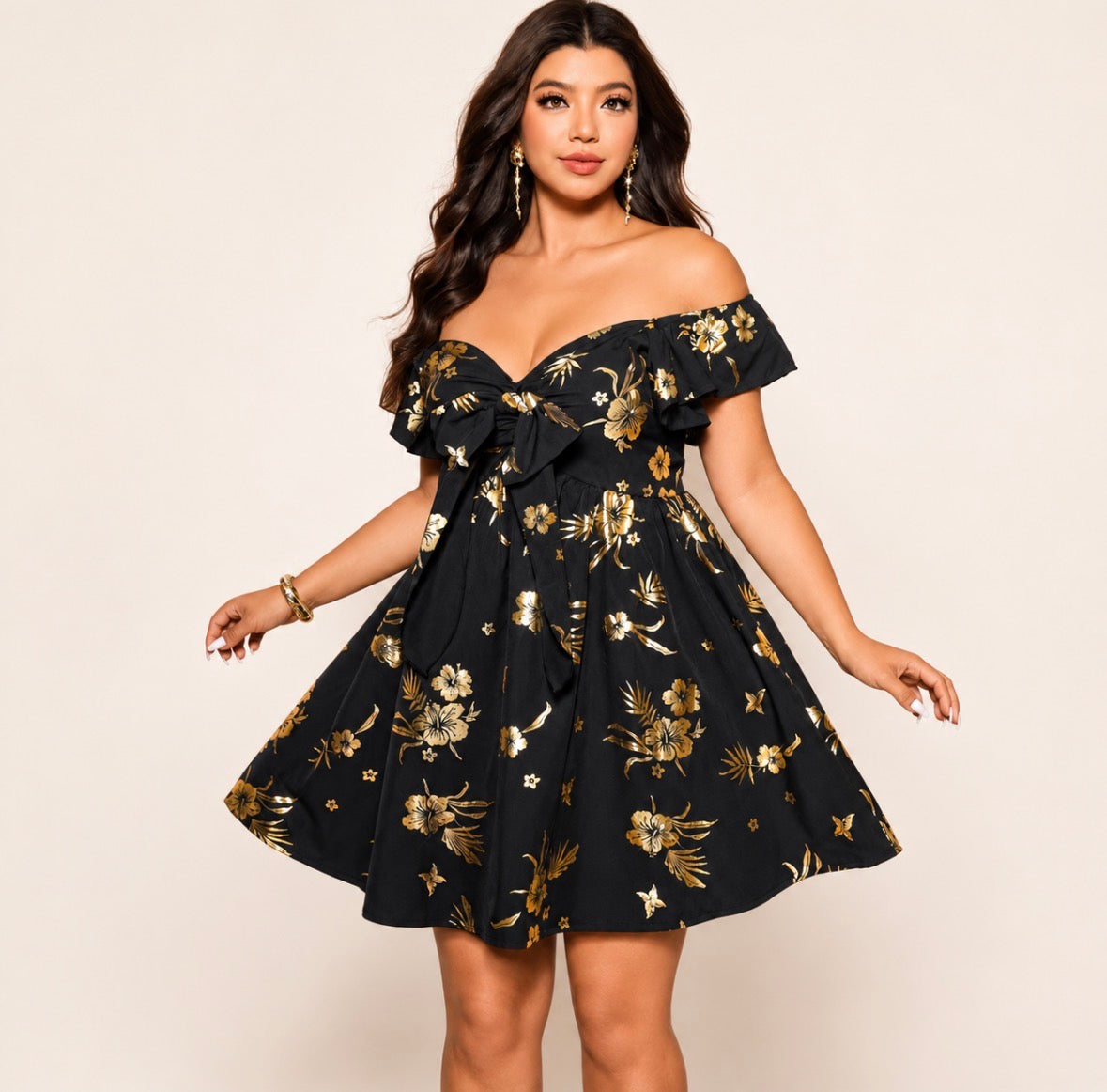 Plus Size Vintage Metallic Print Dress