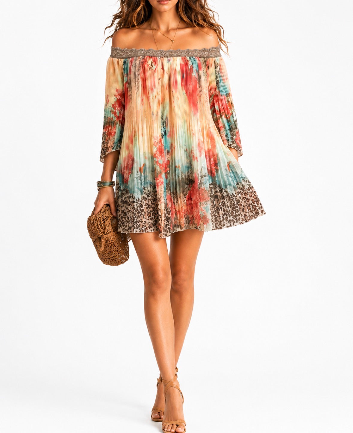 Off-Shoulder Floral Leopard Print Skirt Loose Pleated Dress