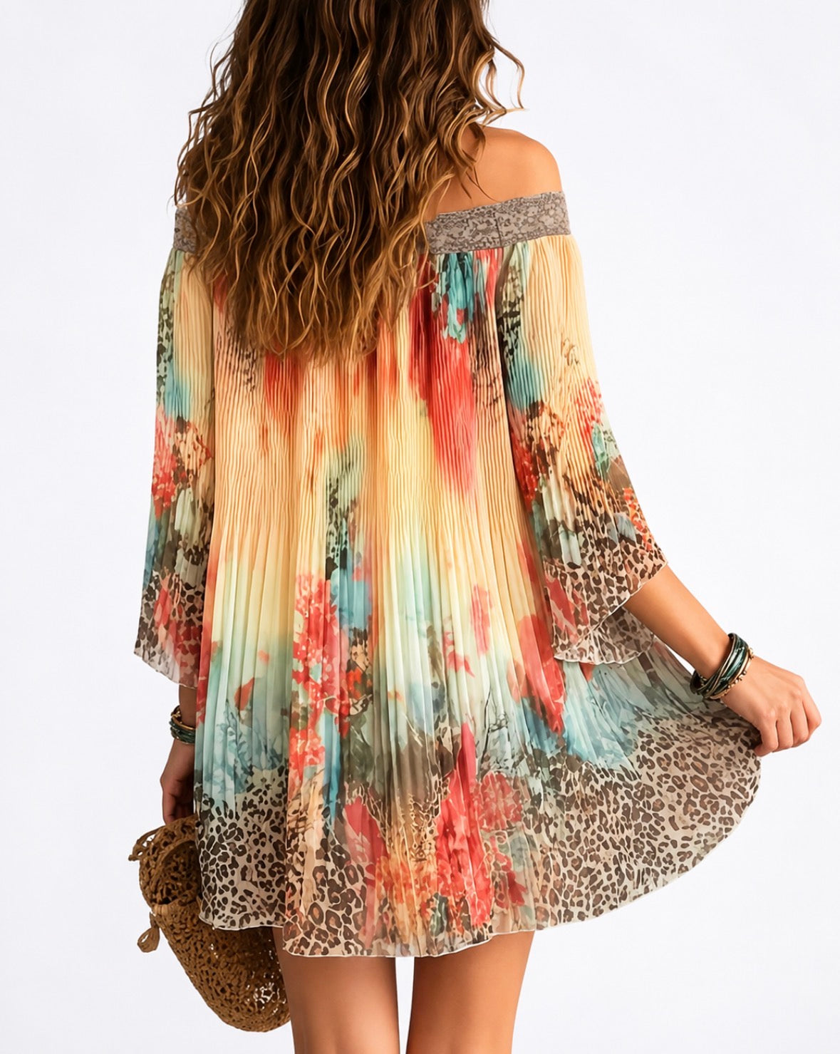 Off-Shoulder Floral Leopard Print Skirt Loose Pleated Dress