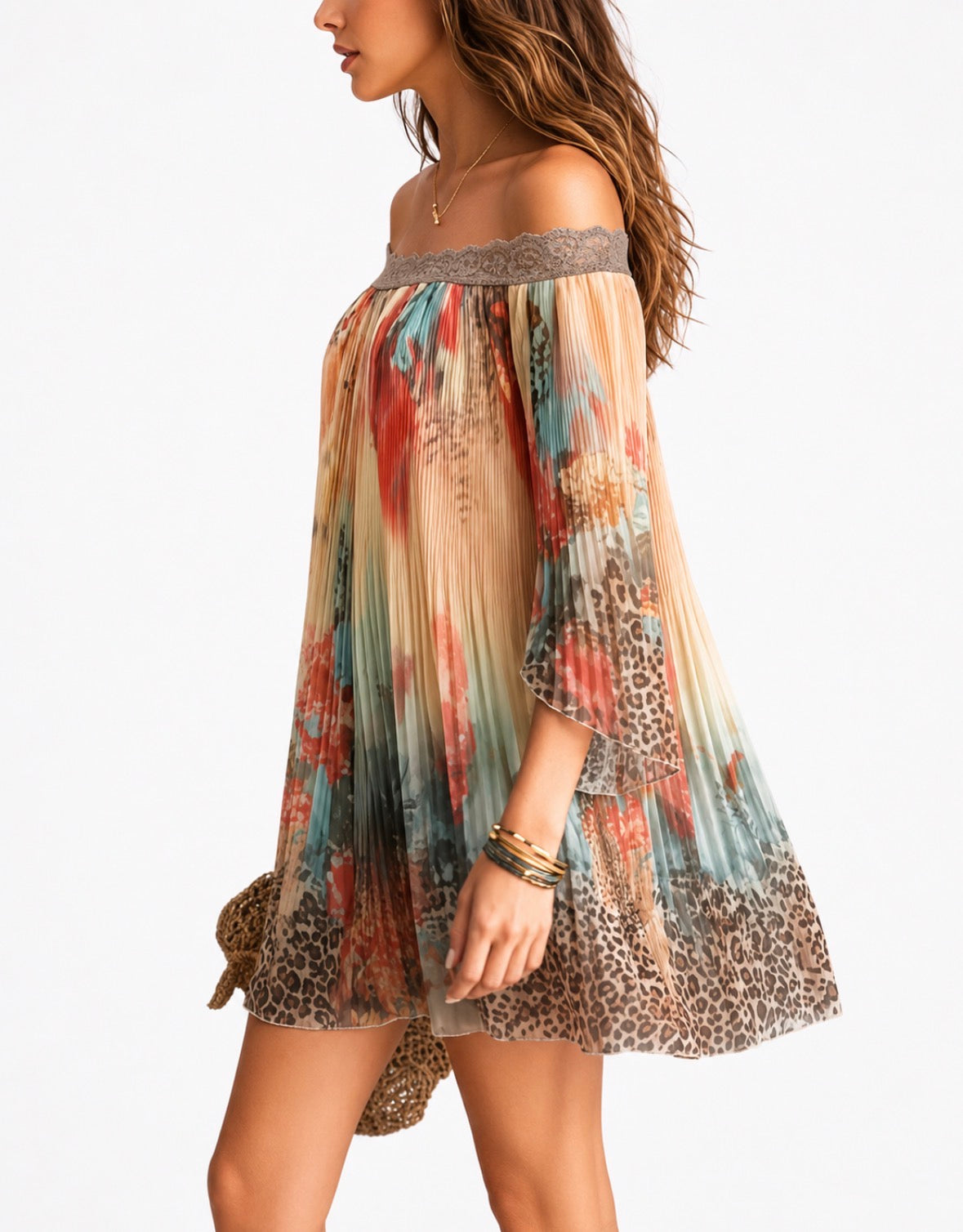 Off-Shoulder Floral Leopard Print Skirt Loose Pleated Dress