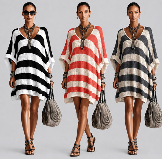 Plus Size Loose Fit Batwing Sleeve Midi V-Neck Striped Dress