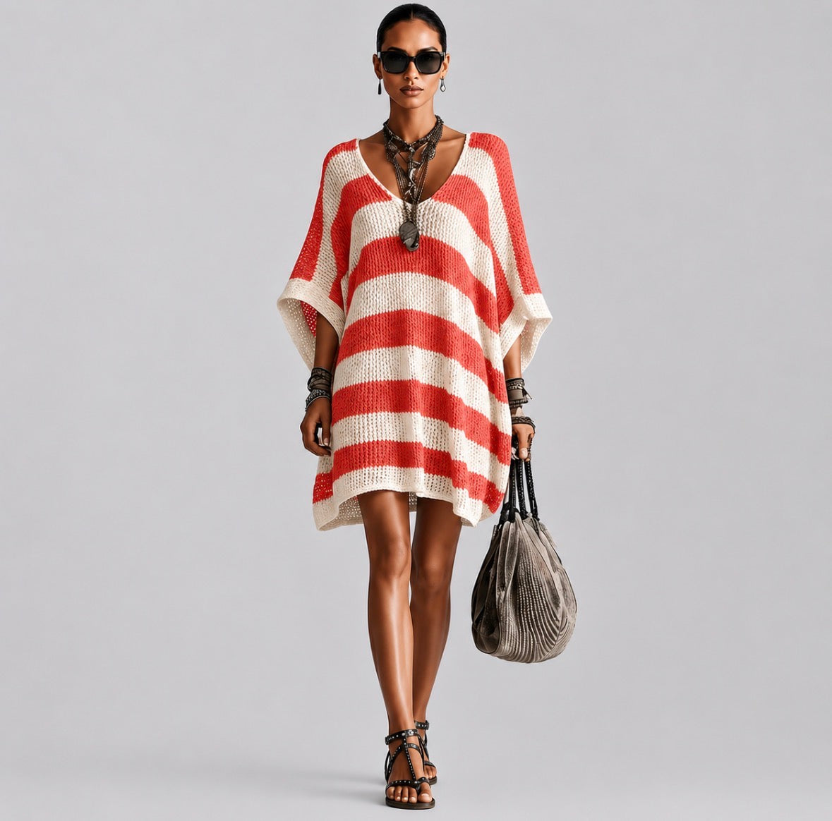 Plus Size Loose Fit Batwing Sleeve Midi V-Neck Striped Dress