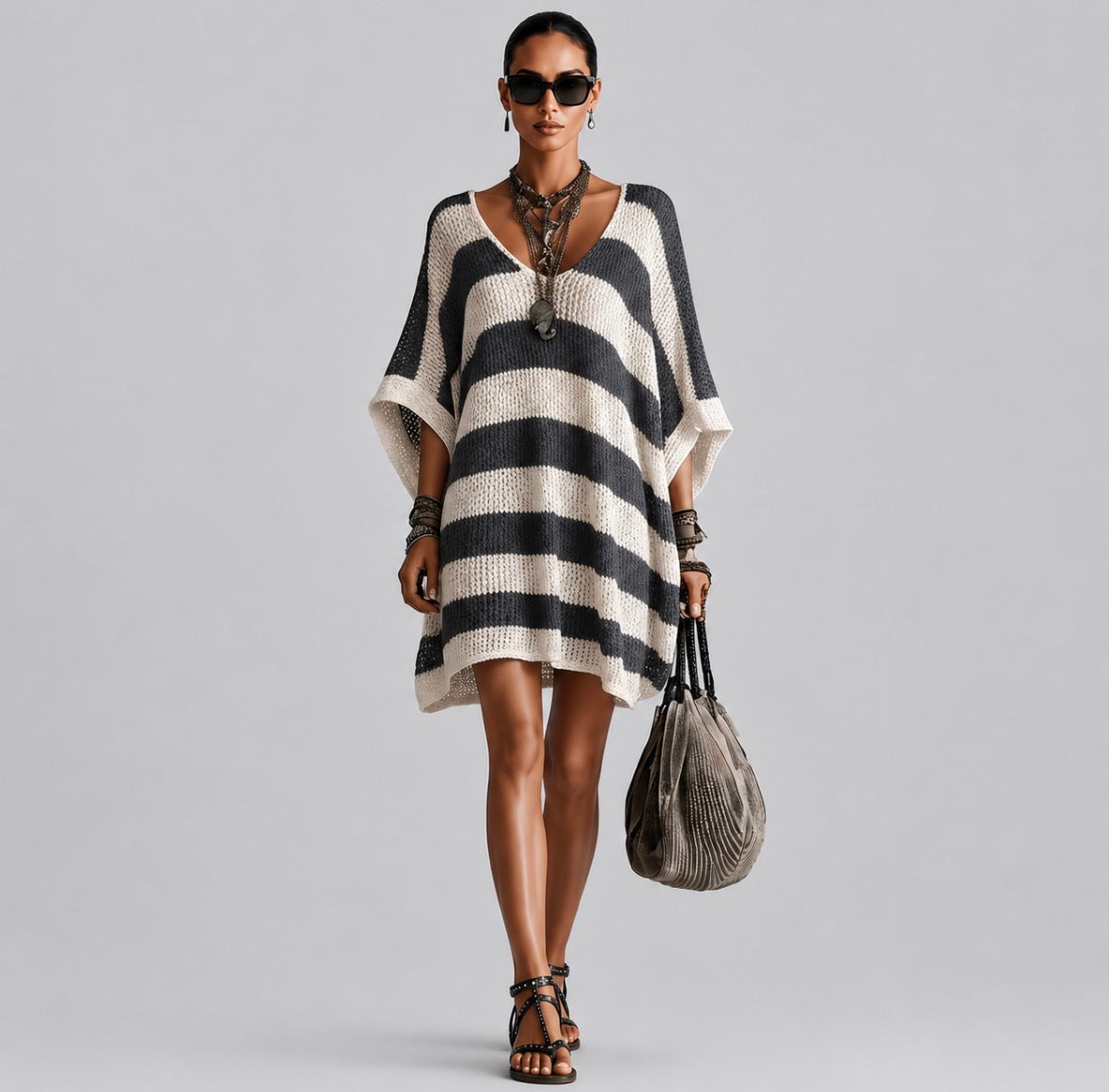 Plus Size Loose Fit Batwing Sleeve Midi V-Neck Striped Dress