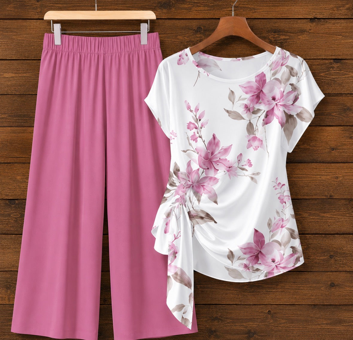 2-piece Bow Tie Floral Top and Solid Color Pants