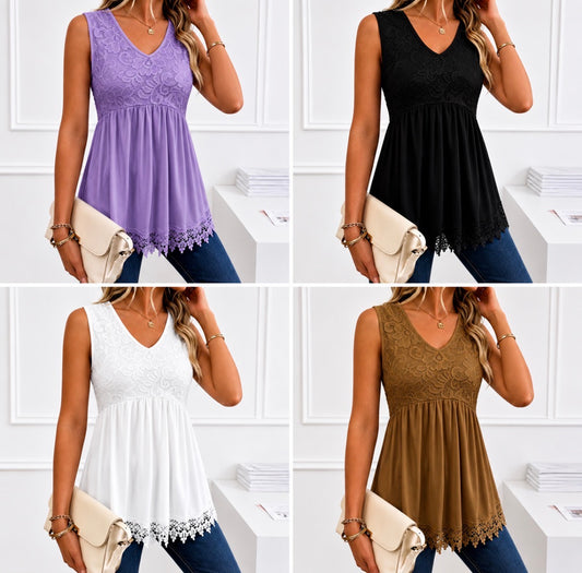 Plus Size V-neck Lace Bust and Trim Solid Color Top