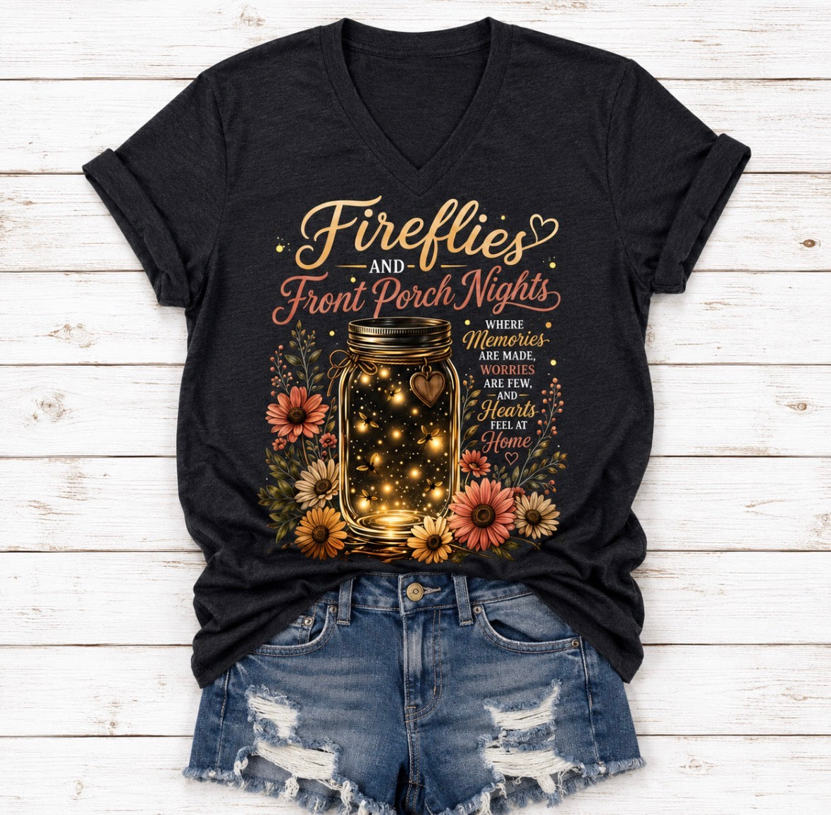 Plus Size Short Sleeve Graphic T-shirt  “Fireflies Mason Jar Flowers Fireflies And Front Porch Nights Where Memories Are Made Worries Are Few And Hearts Feel at Home“