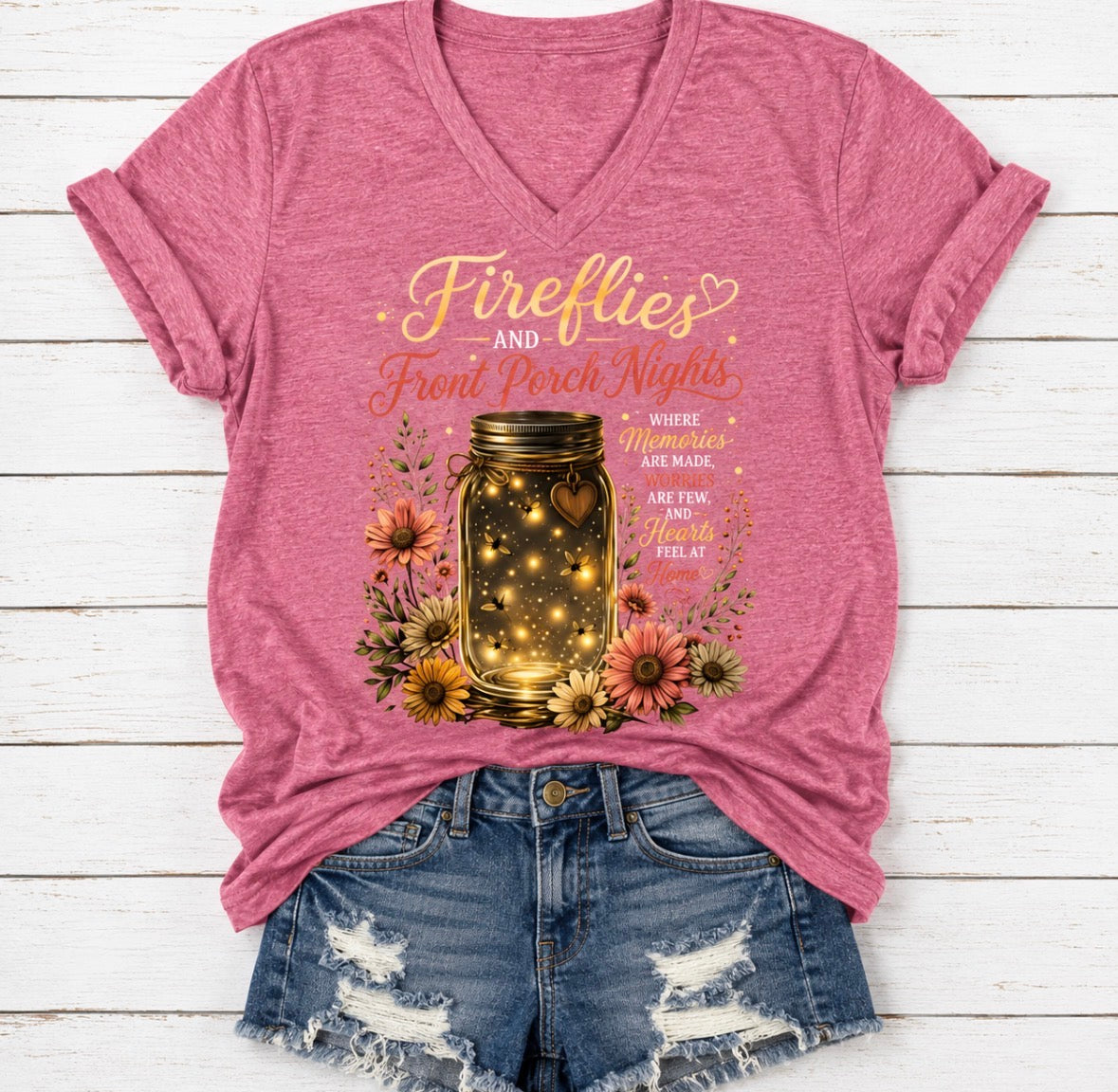 Plus Size Short Sleeve Graphic T-shirt  “Fireflies Mason Jar Flowers Fireflies And Front Porch Nights Where Memories Are Made Worries Are Few And Hearts Feel at Home“