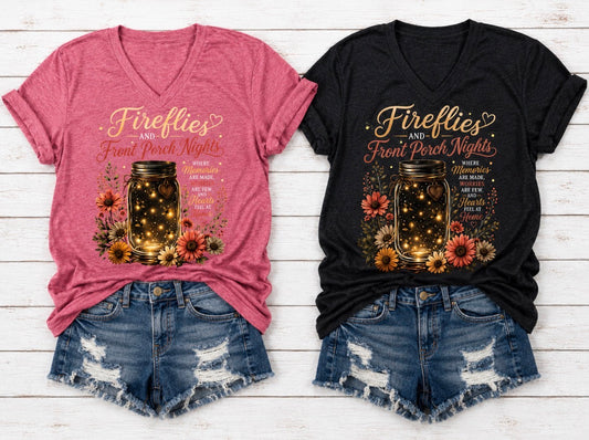 Plus Size Short Sleeve Graphic T-shirt  “Fireflies Mason Jar Flowers Fireflies And Front Porch Nights Where Memories Are Made Worries Are Few And Hearts Feel at Home“