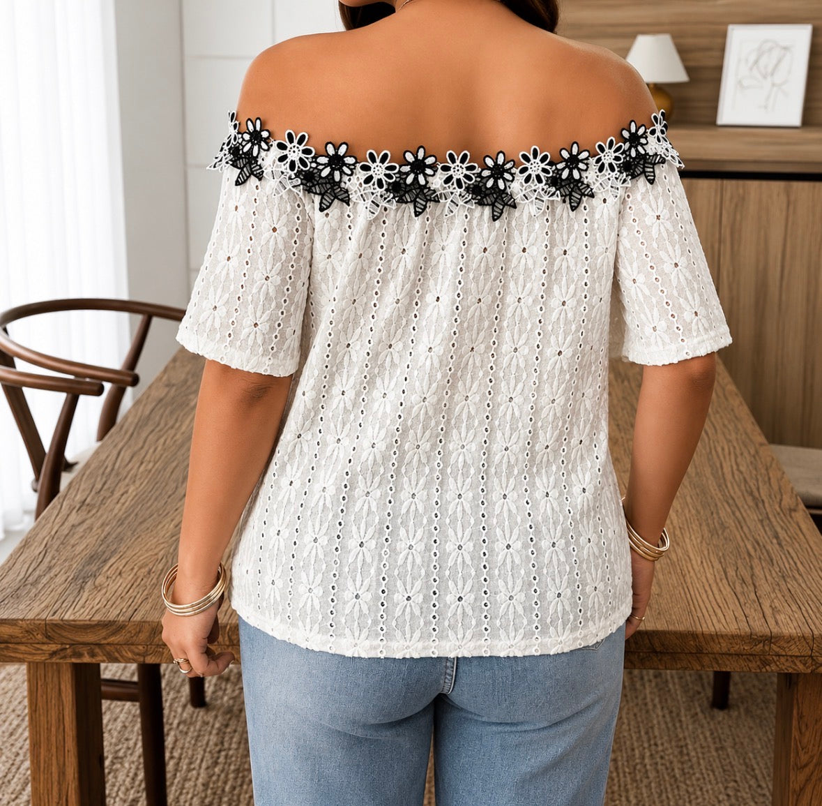 Plus Size Off-Shoulder Color Block Ruffle Trim Textured Top