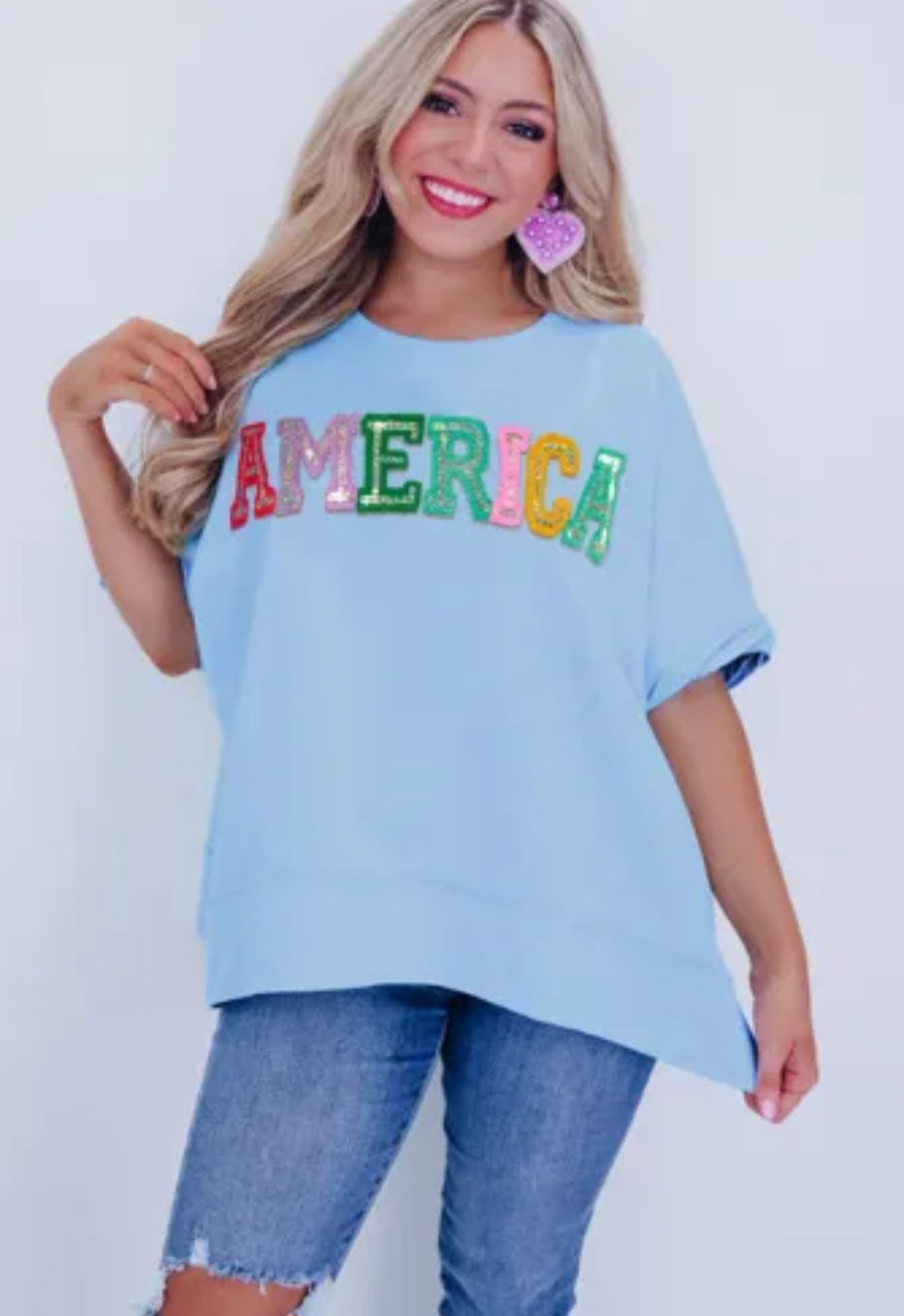 Mist Blue Sparkle America Pastel Embroidered Graphic T-shirt