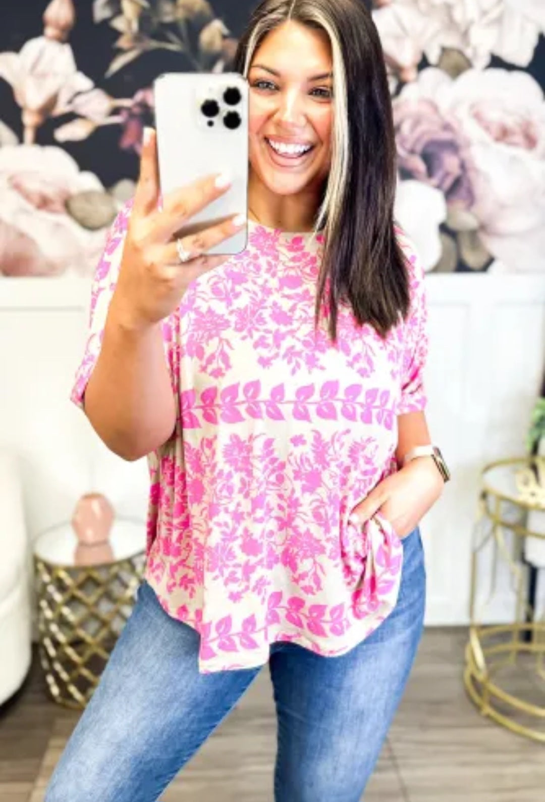 Floral Printed Curved Hem Plus Size T Shirt