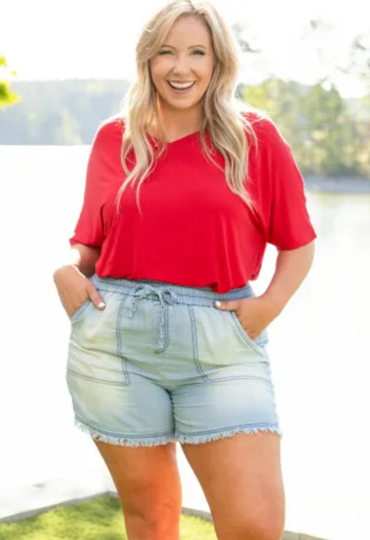 Vintage Frayed Hem Plus Size Drawstring Denim Shorts