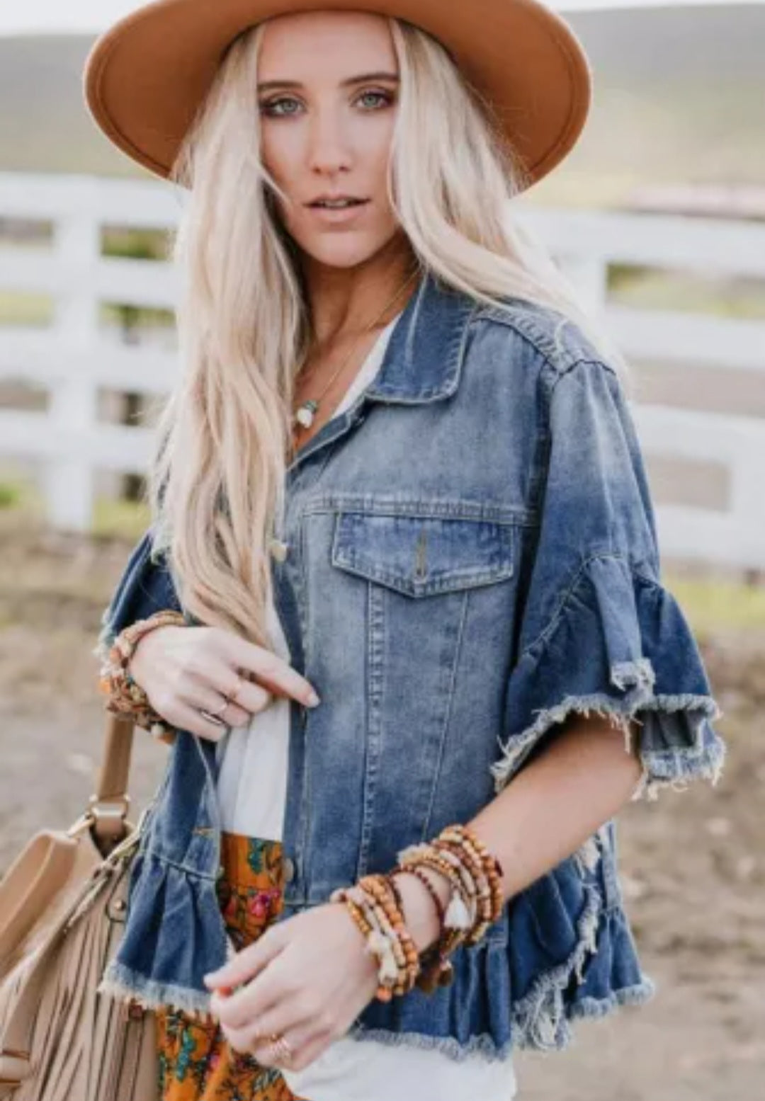Raw Edge Ruffled Short Sleeve Denim Jacket