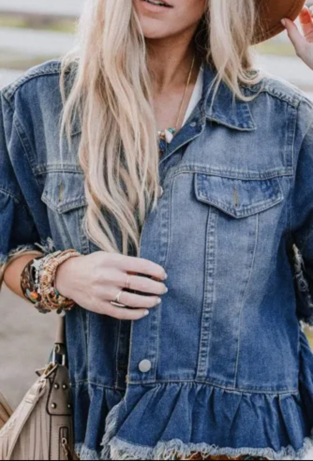 Raw Edge Ruffled Short Sleeve Denim Jacket