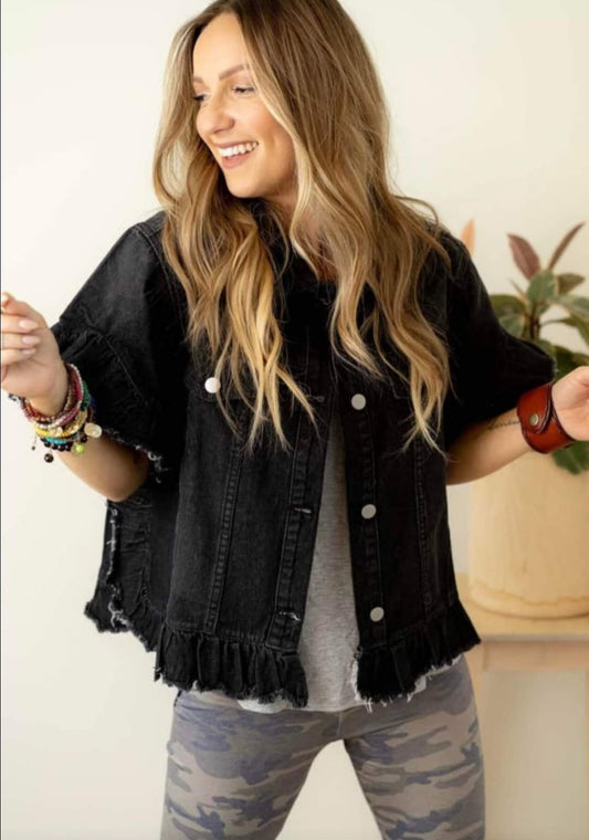 Black Raw Edge Ruffle Short Sleeve Denim Jacket