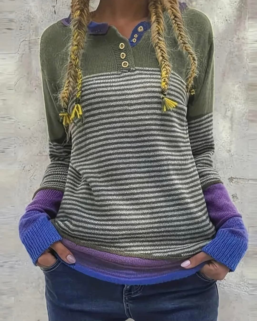 Long Sleeve Striped Top - Green