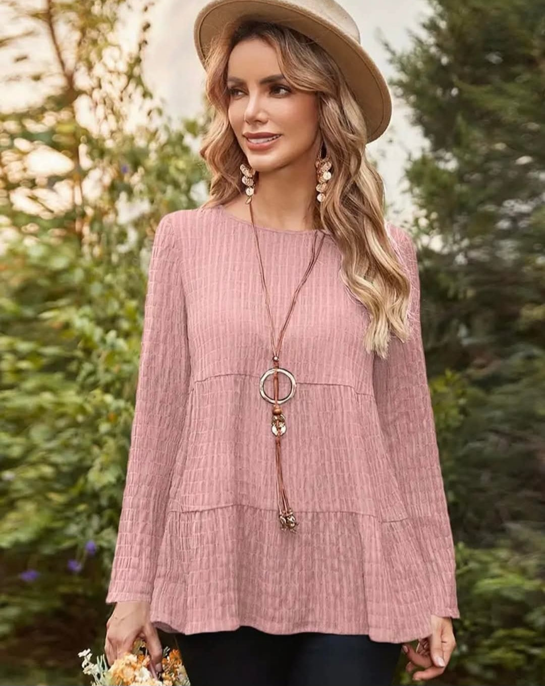 Solid Ruffle Hem Top Round Neck Blouse