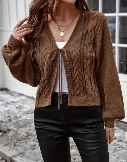 Long Sleeve Front Tie Knit Cardigan Sweater