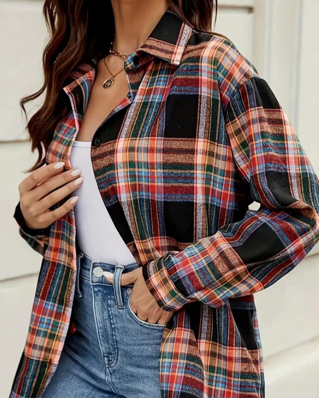 Long Sleeve Button Down Plaid Print Blouse