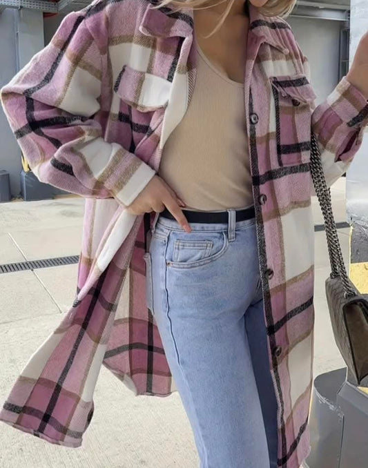 Long Plaid Shirt with Long Sleeves/Pockets