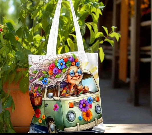 Tote Bag - Flower Child Woman and Bus
