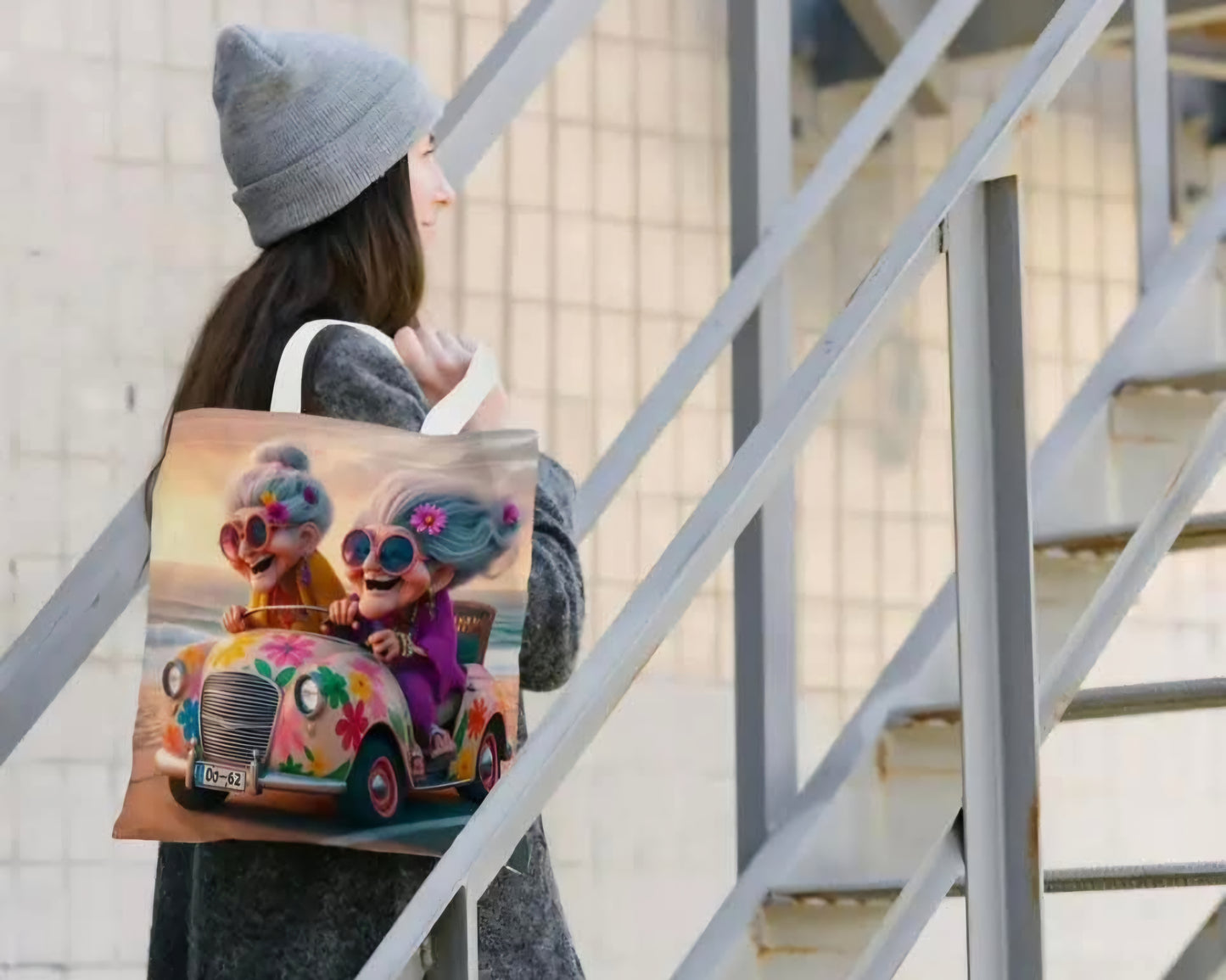 Cartoon Joyful Grandma Canvas Tote Bag