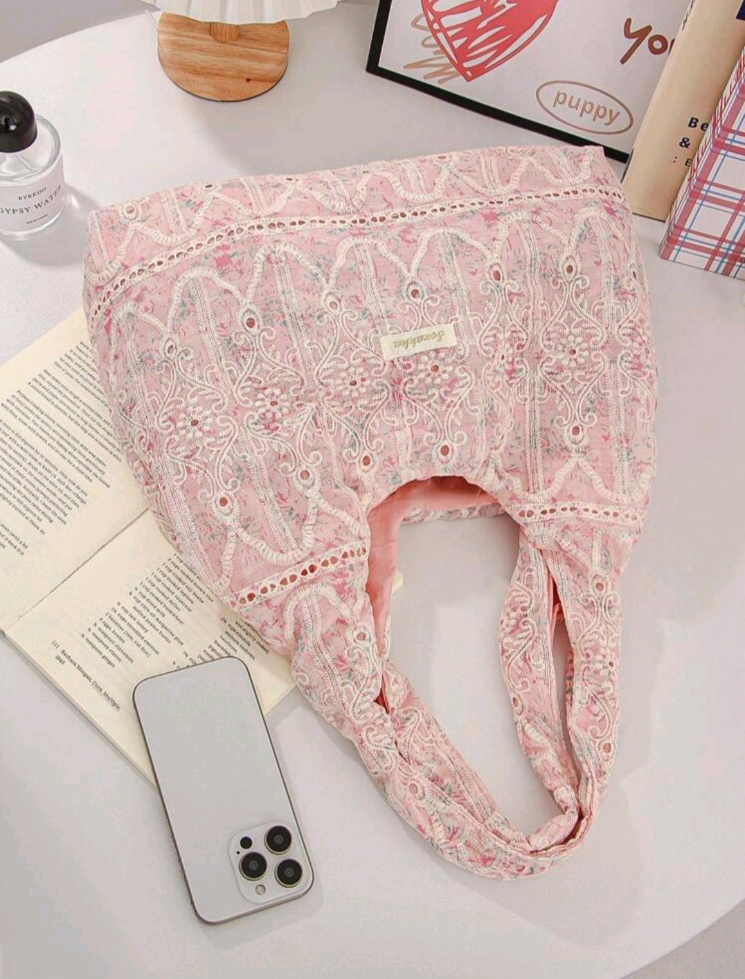Pink Lace Open Closure Shoulder Bag