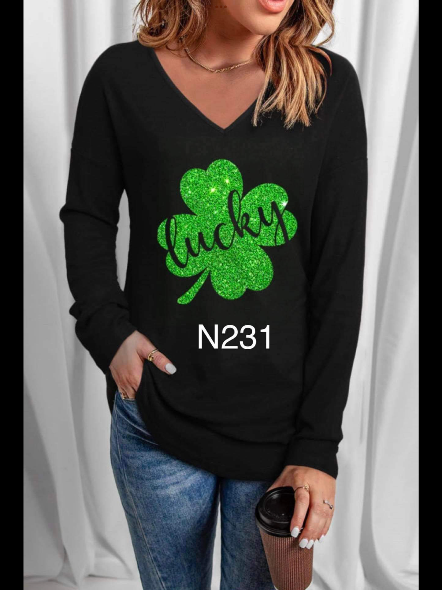 Black Glitter Lucky 4 Leaf Clover Long Sleeve Tee
